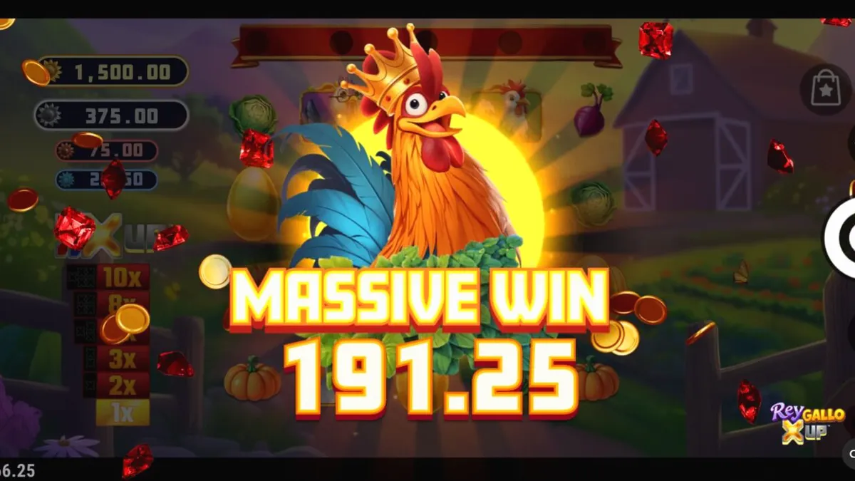 Interface do jogo Rey Gallo X UP com elementos rurais e mecânicas de coleta